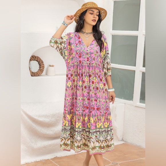 Carnation Pink Printed V-Neck Balloon Sleeve Dress - Picture 1 of 7